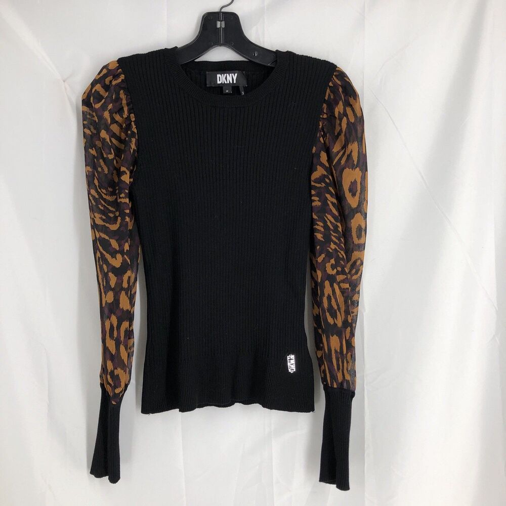 DKNY Black Sheer Sleeve Ribbed Knit Crewneck Mesh Long Sleeve Sweater Top XS